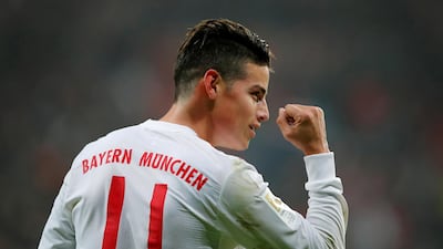 Bayern Munich's James Rodriguez celebrates scoring their third goal in a 3-1 win over Bayer Leverkusen in the Bundesliga. Wolfgang Rattay / Reuters