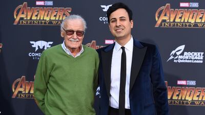 Stan Lee, left, and Keya Morgan arrive at the world premiere of Avengers: Infinity War in Los Angeles. Lee has taken out a restraining order against Morgan who had been acting as his business manager and close adviser. Jordan Strauss / Invision / AP File