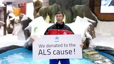 Arnaud Palu, the chief executive officer of Majid Al Futtaim Leisure and Entertainment, takes the Ice Bucket Challenge at Ski Dubai at Mall of the Emirates in Dubai. Courtesy Majid Al Futtaim Leisure and Entertainment