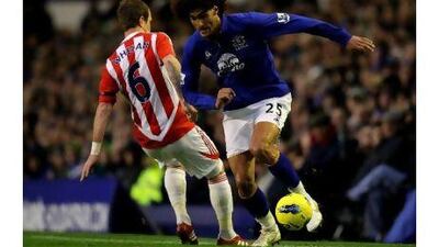 Everton's Marouane Fellaini, right, competes with Stoke's Glenn Whelan at Goodison Park. Alex Livesey / Getty Images