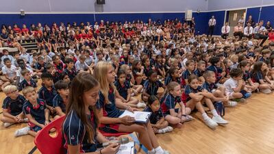 Boys and girls at Arabian Ranches Primary School squeezed into the gym hall to meet Beth Mead. Antonie Robertson/The National