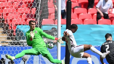 England's forward Raheem Sterling scores the opening against Croatia at Wembley Stadium. AFP