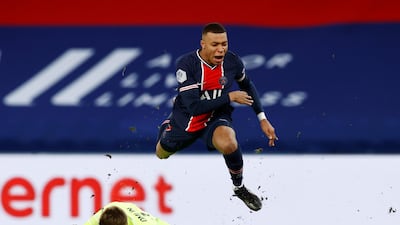 Montpellier's Jonas Omlin fouls Paris St Germain's Kylian Mbappe and was later shown a red card by referee Willy Delajod. Reuters