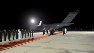 The body of Lt Rashid Ahmed Abdullah Al Habsi arrived at Al Bateen Executive Airport on Monday night to full military honours. Wam
