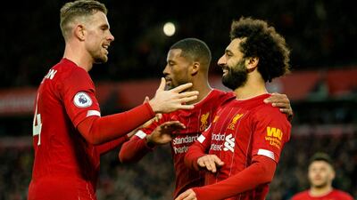 Liverpool's Mohamed Salah celebrates after scoring his team's third goal against Southampton at Anfield. EPA
