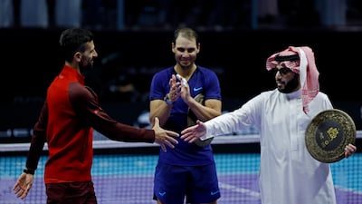 Chairman of the General Entertainment Authority, Turki Alalshikh, right, conducts the presentation. Reuters