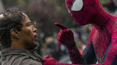 Jamie Foxx and Andrew Garfield as Spider-Man star in Columbia Pictures’ The Amazing Spider-Man, also Emma Stone. Photo by Niko Tavernise