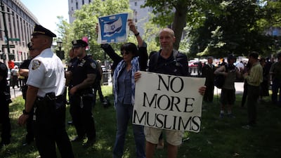 A small group attends an 'anti-Islam' rally organised by 'Act for America', known for its racist and anti-Islamic notions, in New York in 2017. Getty Images