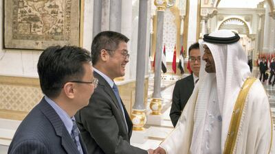 Sheikh Mohamed is introduced to the Chinese delegation.