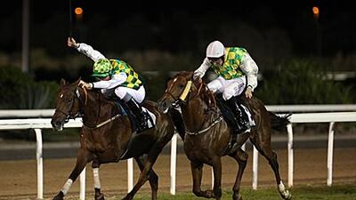 Shadiyda, right, finishing second here to Mizzna at Abu Dhabi in December, is expected to be a strong contender in this evening's President's Cup, in which he will again be ridden by Ted Durcan.