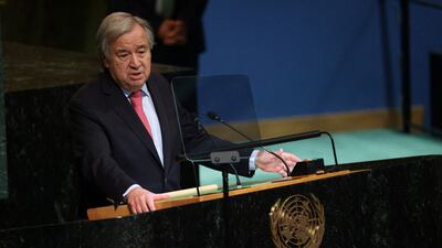 UN Secretary-General Antonio Guterres addresses the United Nations General Assembly in New York on September 20. Reuters