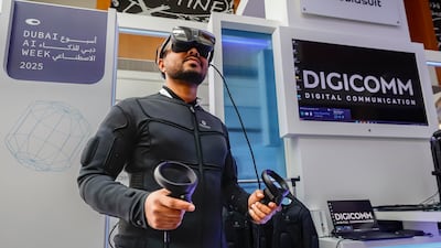 AI Week. Digicomm Haptic suit and VR goggle intervace at AI Week. General view of the opening day of AI Week in the Museum of The Future, Dubai. Antonie Robertson/The National