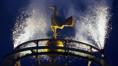 Fireworks light the Tottenham Hotspur's golden cockerel at the top of the stadium. AP Photo