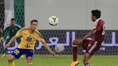 Youssef Kaddioui, left, of Al Dhafra scored the game-winner for his team in an Arabian Gulf Cup match on Monday night. Ravindranath K / The National