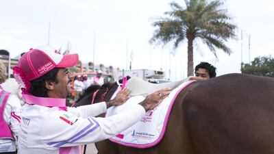 Grooms and riders prepare the horses for the closing ceremony of the Pink Caravan Ride 2017 at Zayed Sports City in Abu Dhabi on March 17, 2017. Reem Mohammed / The National