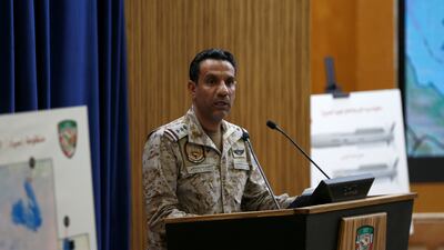 Saudi-led coalition spokesman Colonel Turki Al Malki addresses a press conference in Riyadh. Reuters