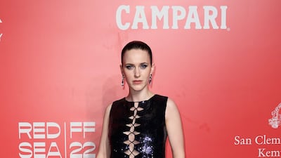 Rachel Brosnahan in midnight blue sequin top and skirt. Getty