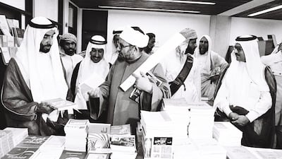 UAE Founding Father, the late Sheikh Zayed bin Sultan Al Nahyan with exhibitors and officials at the Islamic Book Fair in May 1981. Photo: Wam Archives