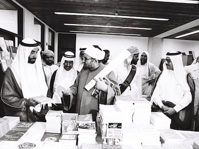 UAE Founding Father, the late Sheikh Zayed bin Sultan Al Nahyan, with exhibitors and officials at the Islamic Book Fair in May 1981. Photo: Wam Archives