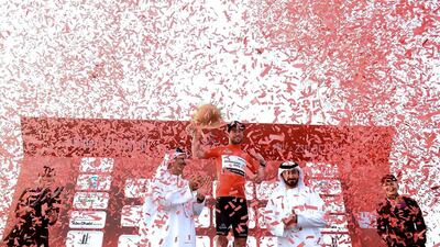 Mark Cavendish of Great Britain and Dimension Data celebrates winning the Nation Towers Stage Two of the 2016 Abu Dhabi Tour. Tom Dulat / Getty Images