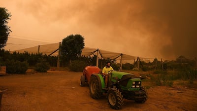 A resident uses a commercial watering machine to hose down his property as the Grose Valley Fire approaches Bilpin, New South Wales. EPA