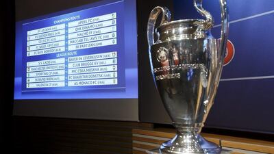 The group formations are shown on an electronic panel next to the Uefa Champions League trophy. Salvatore Di Nolfi / EPA
