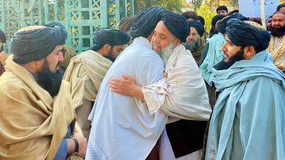 Khan Mohammad who was imprisoned in the US, is greeted by the Taliban leaders and supporters as he arrives in Jalalabad, Afghanistan on Tuesday. EPA