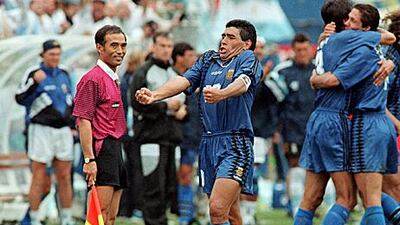 Diego Maradona celebrates his last World Cup goal against Greece in 1994.