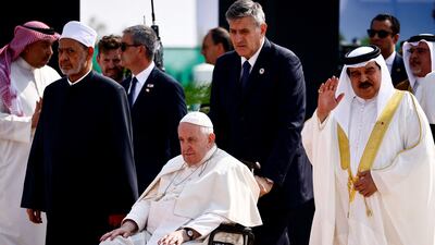 Pope Francis, Bahrain's King Hamad bin Isa Al Khalifa and Grand Imam of Al-Azhar Ahmed Al-Tayeb attend the Bahrain Forum for Dialogue: East and West for Human Coexistence at Al-Fida' Square of Sakhir Royal Palace during Pope Francis' apostolic journey, south of Manama, Bahrain. Reuters