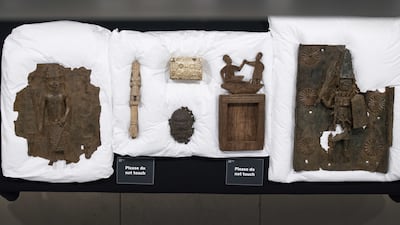 Artefacts on show at the Horniman Museum and Gardens in South London during a ceremony on Monday to start repatriating items to Nigeria. PA