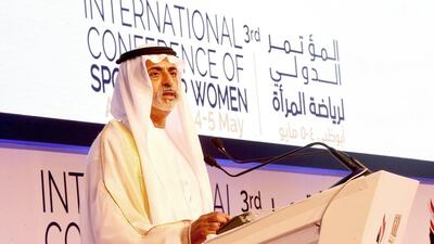 Sheikh Nahyan bin Mubarak, Minister of Culture, Youth and Community Development, inaugurates the International Conference of Sports for Women in Abu Dhabi on Sunday. Wam