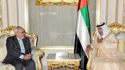 Sheikh Khalifa, the President, welcomes Mohammed Javad Zarif, the Iranian foreign minister, at Al Rawda Palace in Al Ain. Wam