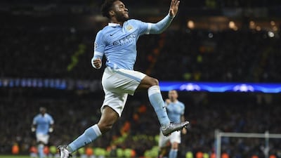 Manchester City’s Raheem Sterling celebrates his second strike, the third and winning goal against Borussia Monchengladbach on Tuesday at the Etihad Stadium. Paul Ellis / AFP