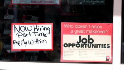 A shop in Westminster, Colorado, seeks new staff. January’s US payroll data showed that 227,000 new jobs were added, well above the expected 175,000. Rick Wilking / Reuters