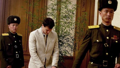 American student Otto Warmbier arrives at the People's Cultural House for a press conference in Pyongyang, North Korea. North Korea announced late last month that it had arrested the 21-year-old University of Virginia undergraduate student. Kim Kwang Hyon / AP