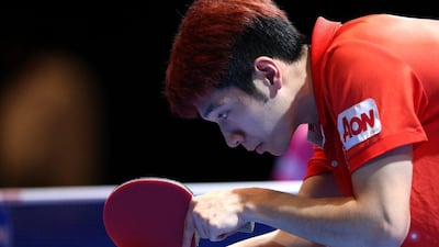 Ho Kwan Kit of Hong Kong in action against Jun Mizutani of Japan during Day 1 of the 2016 Table Tennis Asian Cup at Dubai World Trade Centre on April 28, 2016 in Dubai. (Photo by Warren Little/Getty Images)