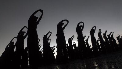 Saudi soldiers exercise before a military parade drill in preparation for Haj, or pilgrimage, at a military camp in Arafat, outside Mecca. AP Photo / Amr Nabil