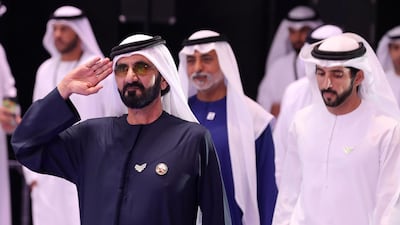 Sheikh Mohammed bin Rashid arrives at the Arab Hope Makers initiative at the Coca Cola Arena. Chris Whiteoak / The National