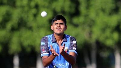 Ajman, United Arab Emirates - December 02, 2020: Sport. King's Aryan Lakra in the game between Team MGM v Kings in the Ajman T10 Talent Hunt League. Wednesday, December 2nd, 2020 in Ajman. Chris Whiteoak / The National
