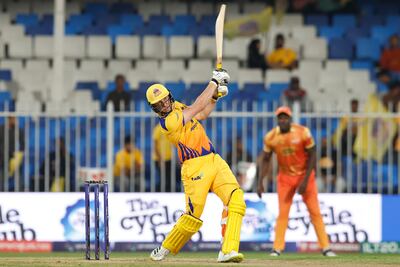 Tom Kohler-Cadmore of Sharjah Warriors hits out. Photo by Deepak Malik/CREIMAS