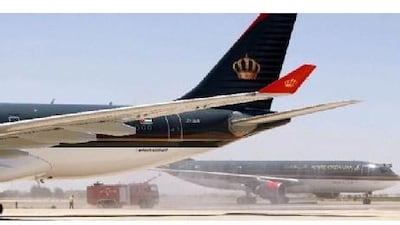 The tailfin of a Royal Jordanian jet. Chief executive Stefan Pichler said th company expects to turn a profit in 2019. It is in the midst of a five-year turnaround programme which began in 2017. Salah Malkawi / The National
