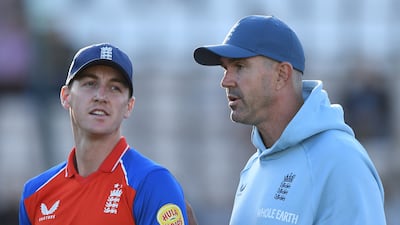 England batting consultant Kevin Pietersen, right, with Harry Brook during the first T20 against Sri Lanka in Southampton. Getty Images