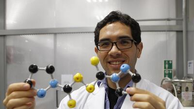 Dr Patrick Commins with a model of a self-healing crystal at New York University Abu Dhabi. ‘The work has a lot of potential towards creating new materials. Everyone can imagine how incredible it would be to have common items self-heal,’ he says. Ravindranath K / The National