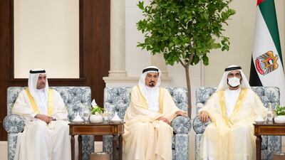 Sheikh Mohamed bin Rashid, Vice-President and Ruler of Dubai; Sheikh Hamad bin Mohammed Al Sharqi, UAE Supreme Council Member and Ruler of Fujairah, and Sheikh Humaid bin Rashid Al Nuaimi, UAE Supreme Council Member and Ruler of Ajman, attend an Eid Al Adha reception, at Mushrif Palace.