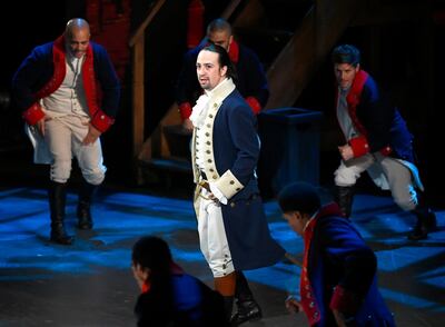 Lin-Manuel Miranda, centre, in the filmed version of Broadway musical 'Hamilton'. AP