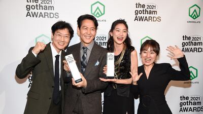 Kwang Dong-hyuk, left, Lee Jung-jae, Jung Ho-yeon and Kim Ji-yeon pose with the Breakthrough Series - Long Format Award for 'Squid Game'. AP