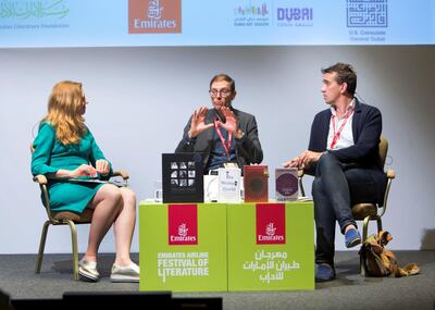 DUBAI, UNITED ARAB EMIRATES - (L-R) Moderator Julia Wheeler, Martin Puchner and Peter Frankopan at The Who writes the history session at the Literature Festival, Dubai Festival City. Leslie Pableo for the National