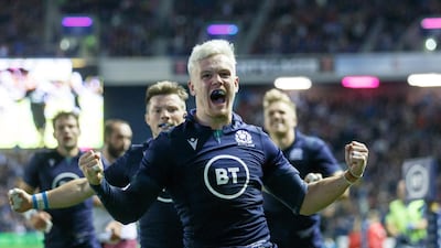 Scotland winger Darcy Graham celebrates after scoring a try against Georgia in a World Cup warm-up match at Murrayfield on September 6. Getty