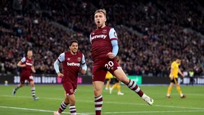 Jarrod Bowen of West Ham United celebrates after scoring their team's third goal. Getty Images