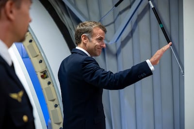 French President Emmanuel Macron says goodbye to UAE President Sheikh Mohamed. UAE Presidential Court